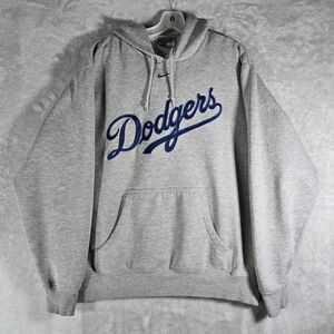 Nike Dodgers MLB Center Swoosh Hoodie Men Sz M Medium Gray Fleece Lined Pullover